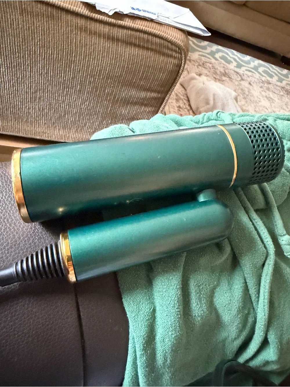 Dry Q SRI LABS. Green Portable Hair Dryer with Gold Accents - See attachment